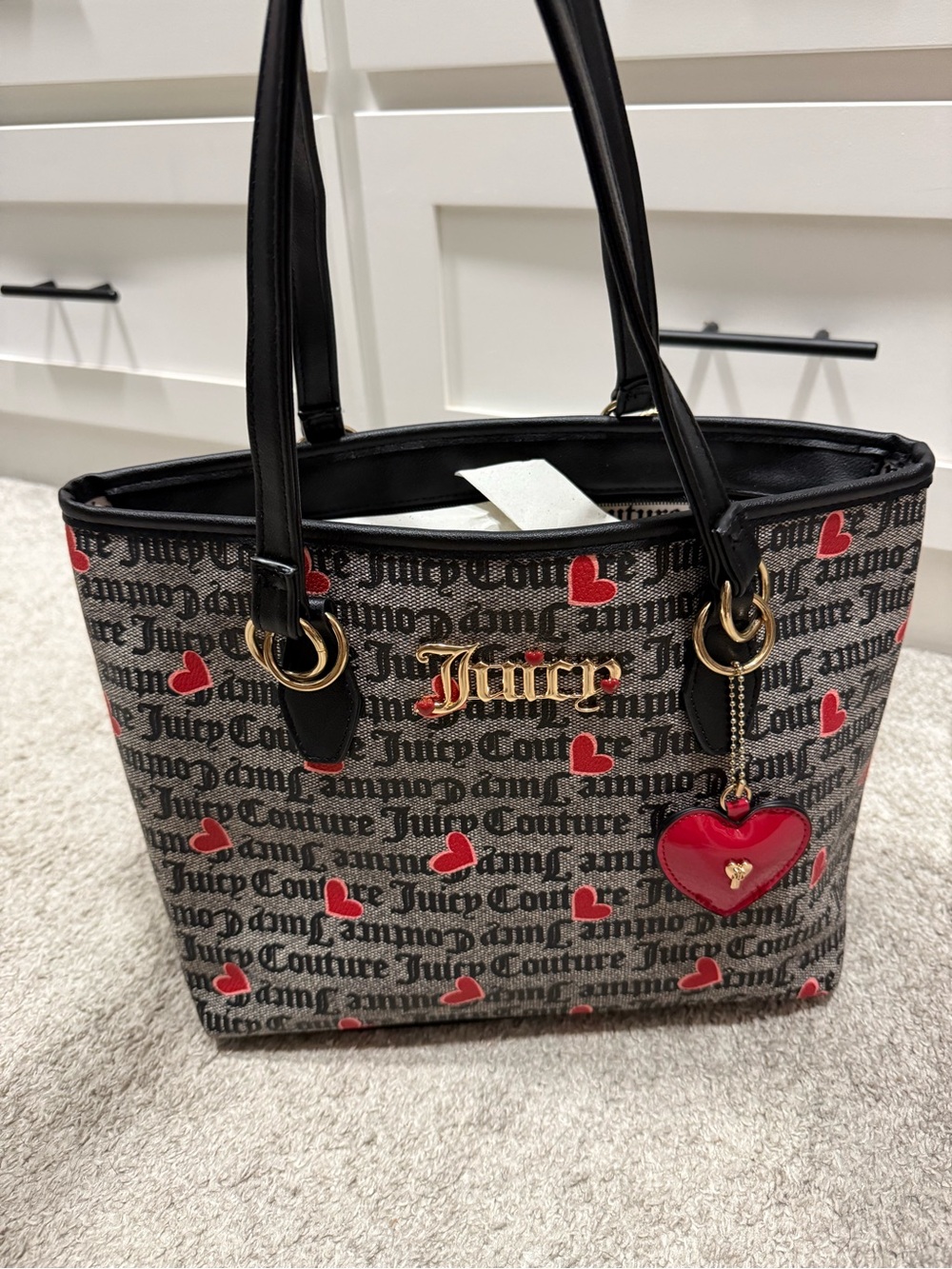 Juicy Couture Black Logo Tote with Red Heart Charm